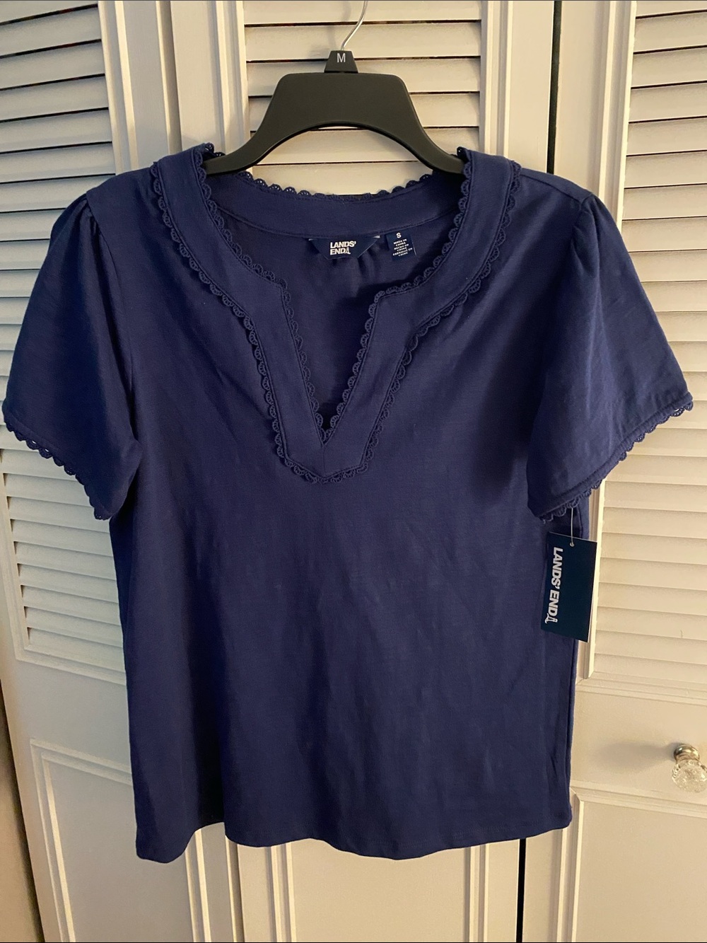 Lands' End Navy Scalloped V-Neck Short Sleeve Top